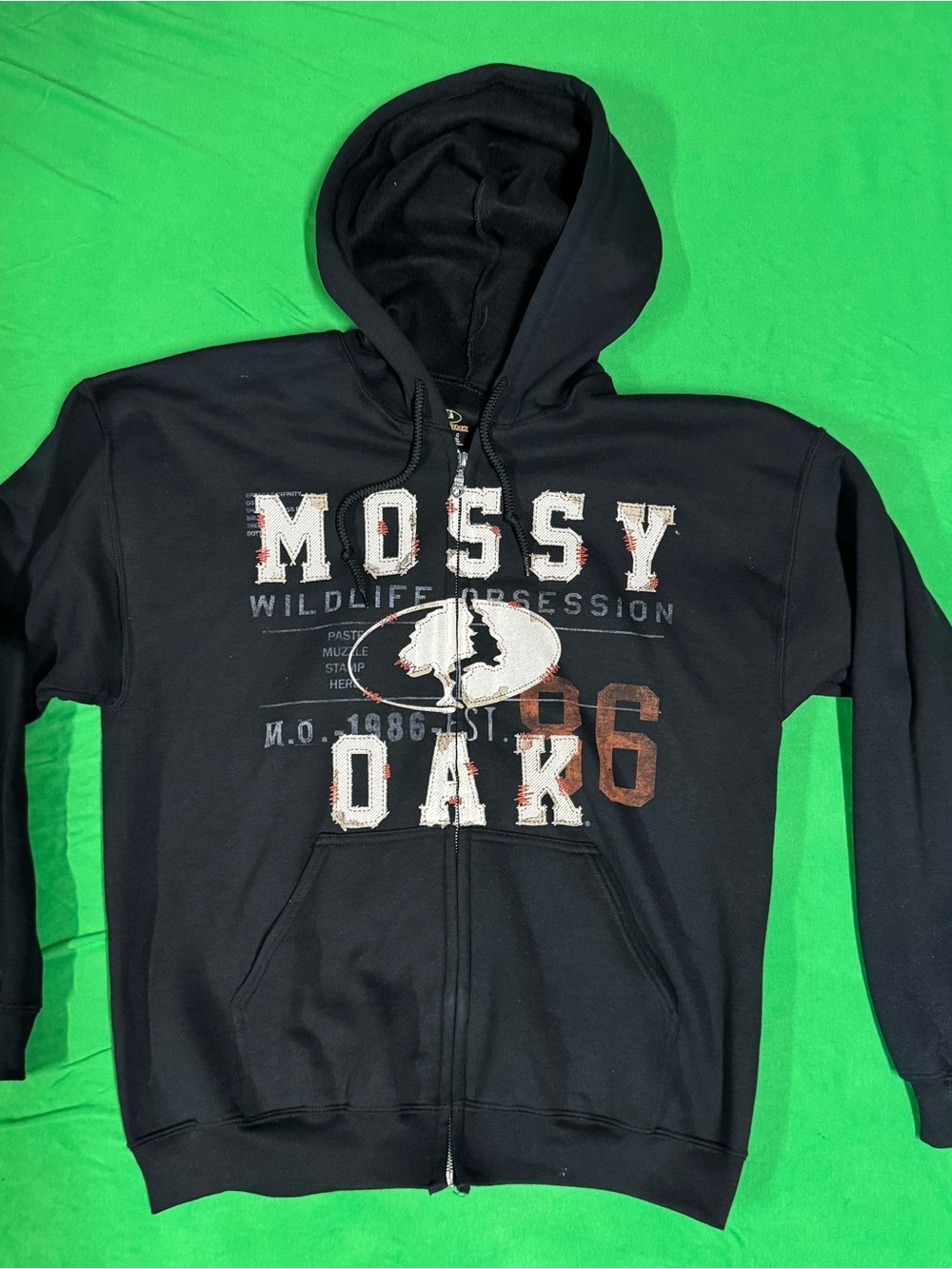 Mossy Oak Black Zip-Up Hoodie with Distressed Chest Graphic